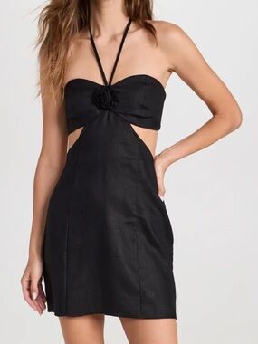 Reformation Mairwen 100% Linen Halter Neck + Cutout Mini Dress in Black, Size 10